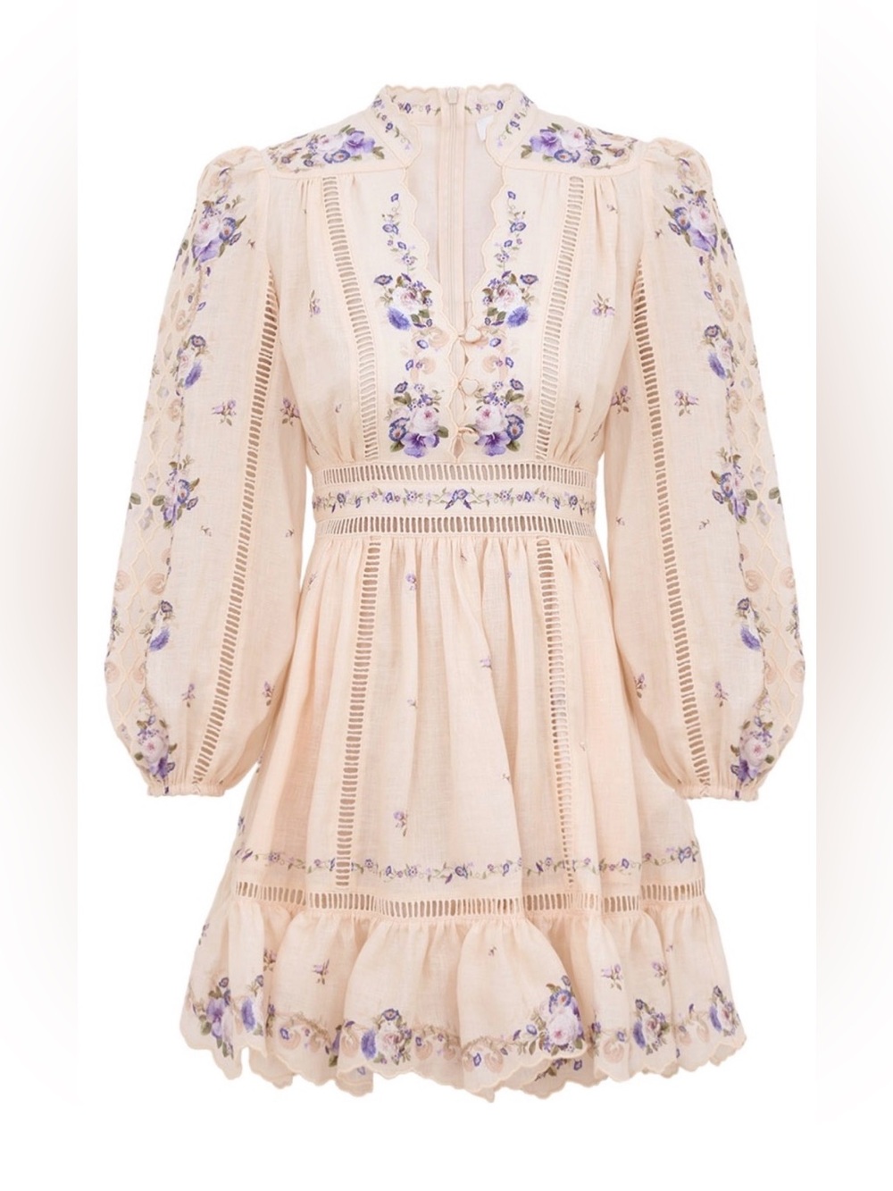 Lace-Trim Floral Mini Dress in Blush with Violet Embroidery